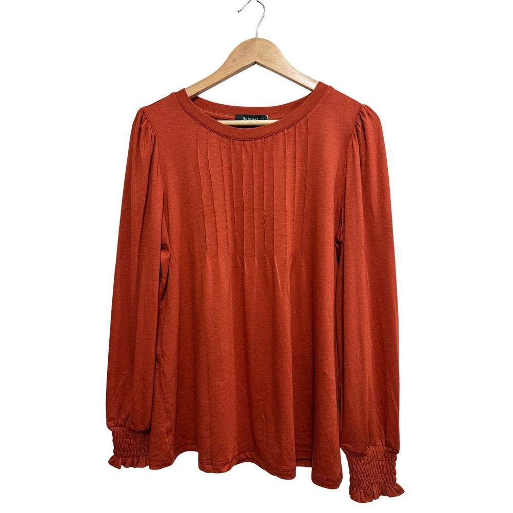 Automet Womens Burnt Orange Pleated Front Smocked Cuff Blouse Top Large NEW